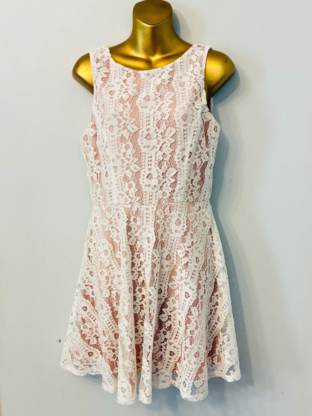 Speechless White Lace Fit & Flare Dress Blush Lined Sleeveless Size L Bridal - Picture 5 of 7